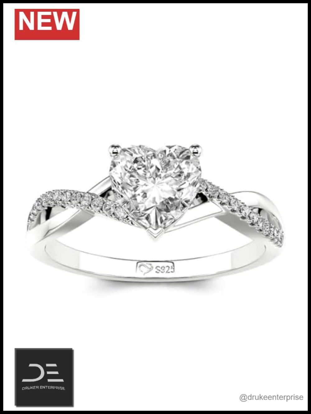 Moissanite Engagement Ring 925 Sterling Silver Twist Band Heart Cut VVS1 D